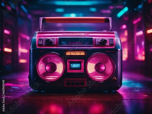 Boom box with neon lights background