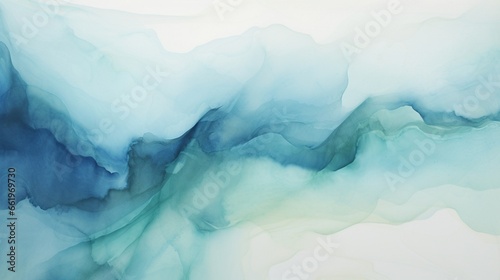 Produce a calming watercolor abstract with flowing indigo and seafoam green tones.