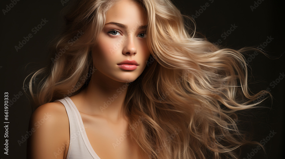 Portrait of beautiful young woman with long blonde hair. Studio shot. Portrait of beautiful young woman with long blonde hair. Studio shot.