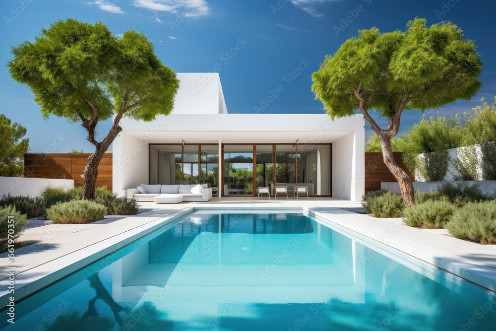 Minimalist cubic house exterior with swimming pool, modern country house, seaside holiday in modern villa