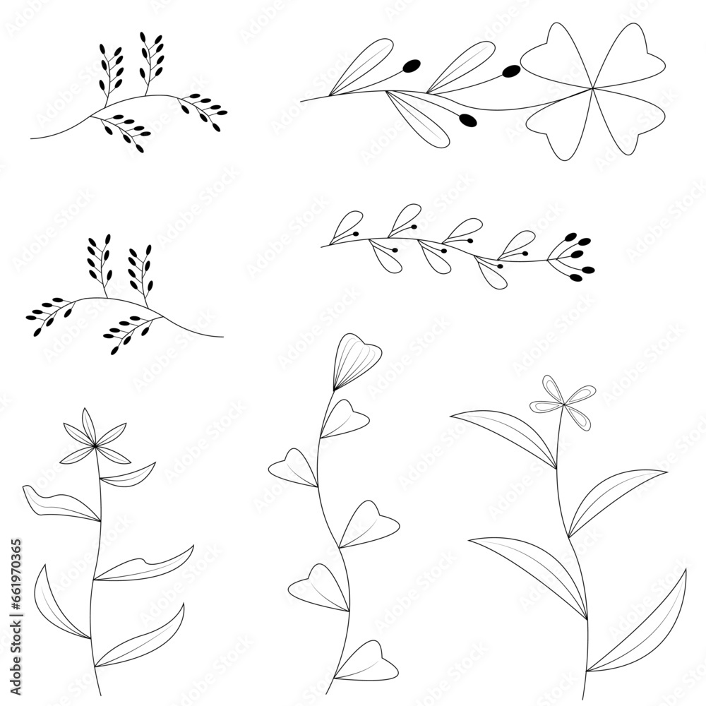  wild floral flowers and plants line art hand drawn vector botanical illustrations. tatto,book cover,commercial useble.