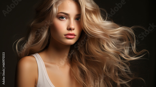 Portrait of beautiful young woman with long blonde hair. Studio shot.