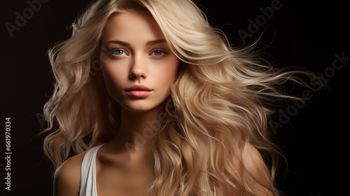 Portrait of a beautiful young woman with long blond hair on a black background © TAMA KUN