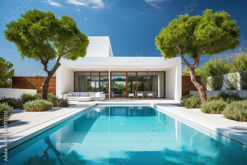 Minimalist cubic house exterior with swimming pool, modern country house, seaside holiday in modern villa © pundapanda