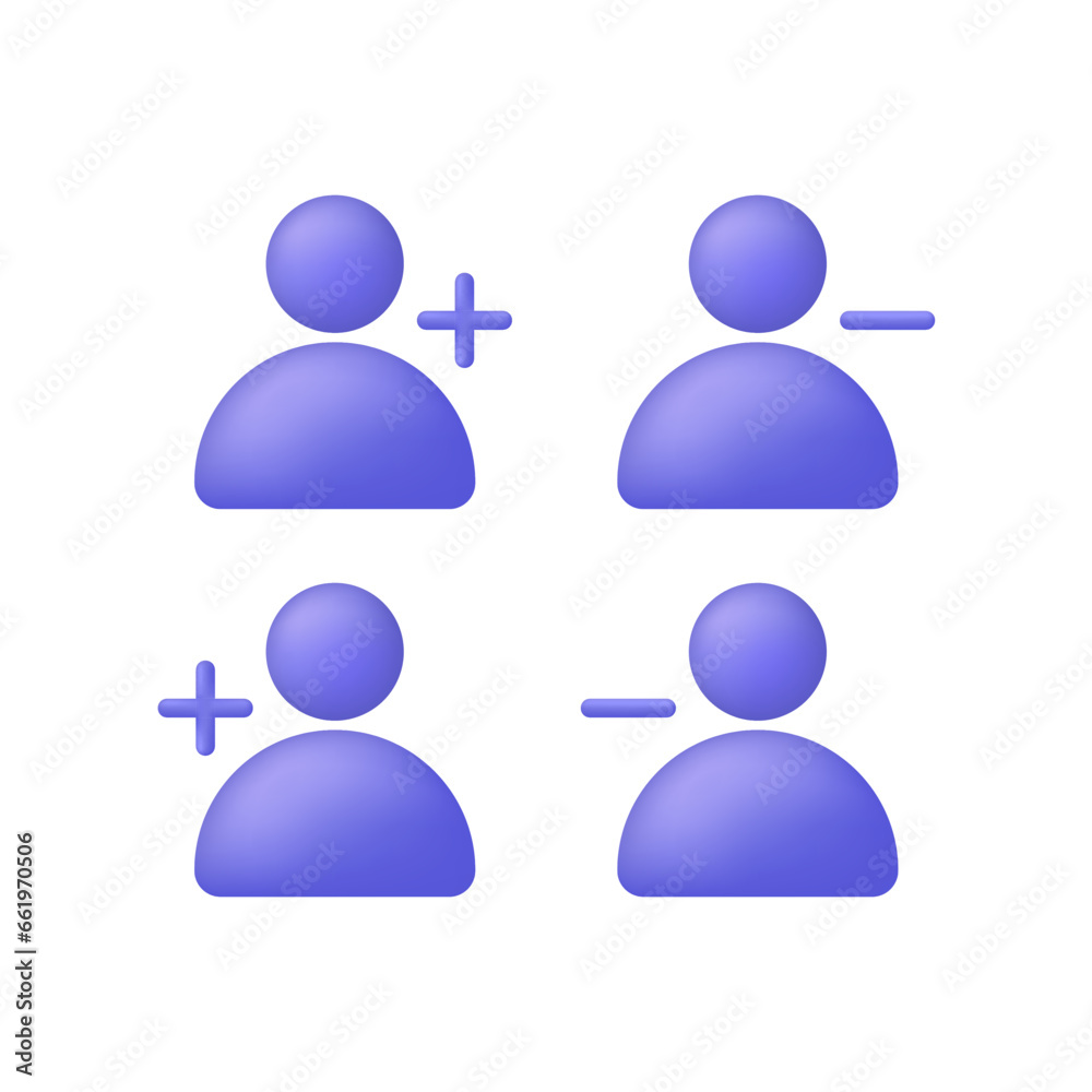 3d User icon and plus, minus marks isolated on white background. Avatar, human, person, people icon. 3d User icon and plus, minus marks isolated on white background. Avatar, human, person, people icon.