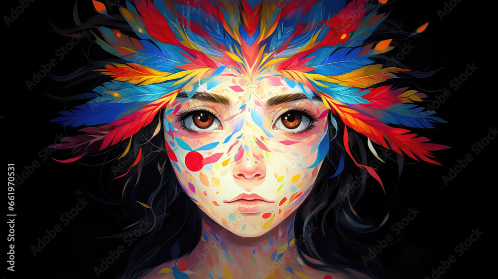 Portrait of a beautiful girl with multicolored feathers