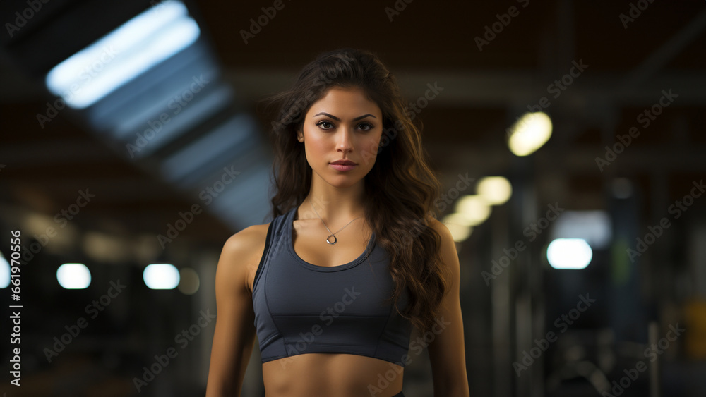 Sportliche junge brünette Frau im Fitnesscenter mit schöner Sportkleidung lächelt im Querformat für Banner, ai generativ Sportliche junge brünette Frau im Fitnesscenter mit schöner Sportkleidung lächelt im Querformat für Banner, ai generativ