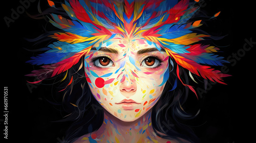 Portrait of a beautiful girl with multicolored feathers