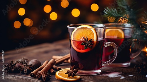 Christmas mulled red wine with spices and fruits on a wooden rustic table. Winter traditional hot drink. Blured background.