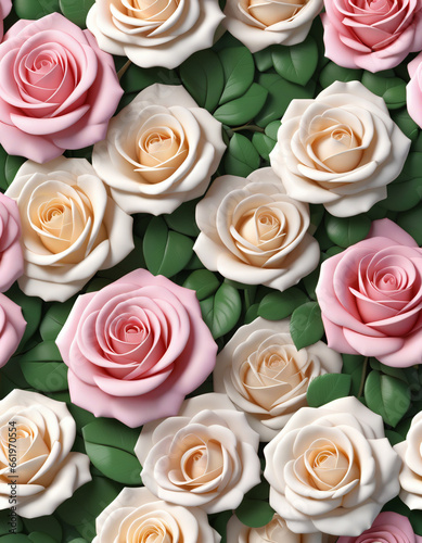 Background with patterns and texture of 3D roses and spring flowers.