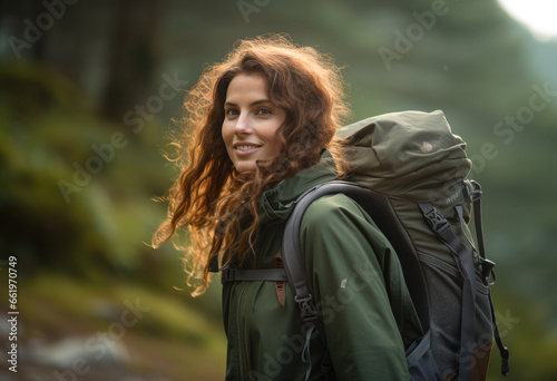 Young woman walks in forest