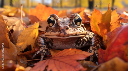 Portrait of happy frog rejoices in autumn.