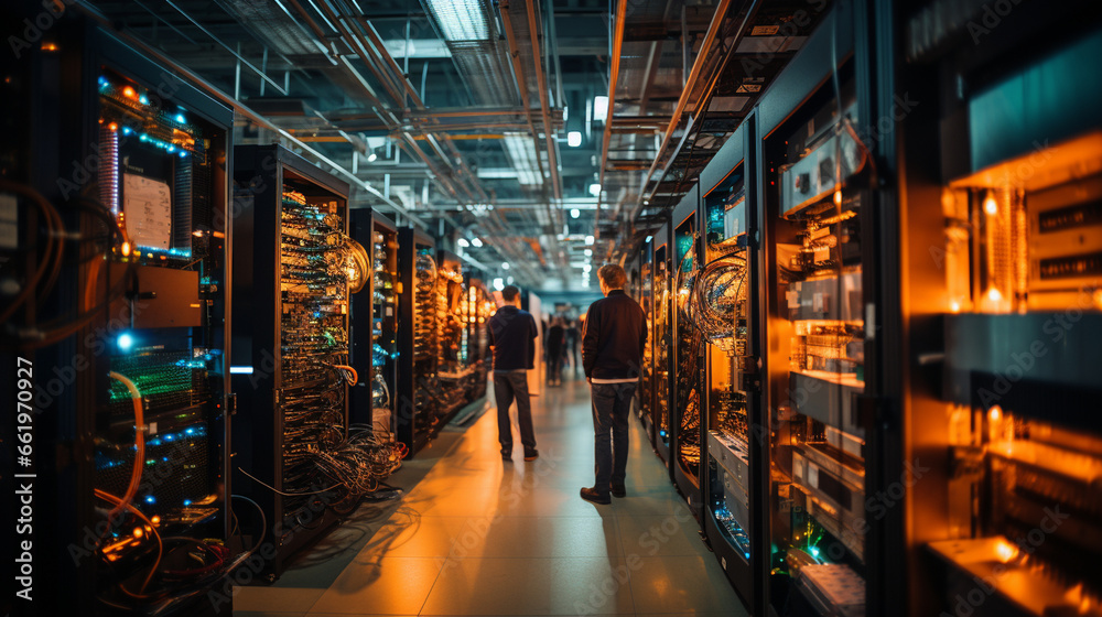 Data Center Power: An impressive shot inside a bustling data center, with rows of servers and IT professionals managing the tech infrastructure.