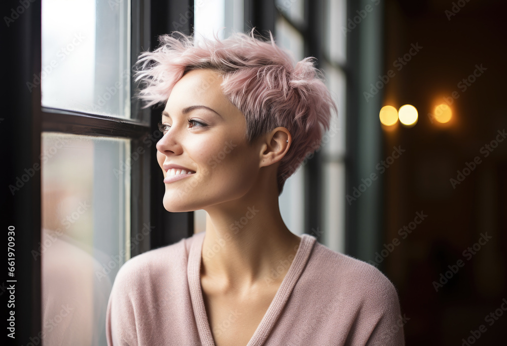Cheerful young woman with short pink hair looking through the window Cheerful young woman with short pink hair looking through the window