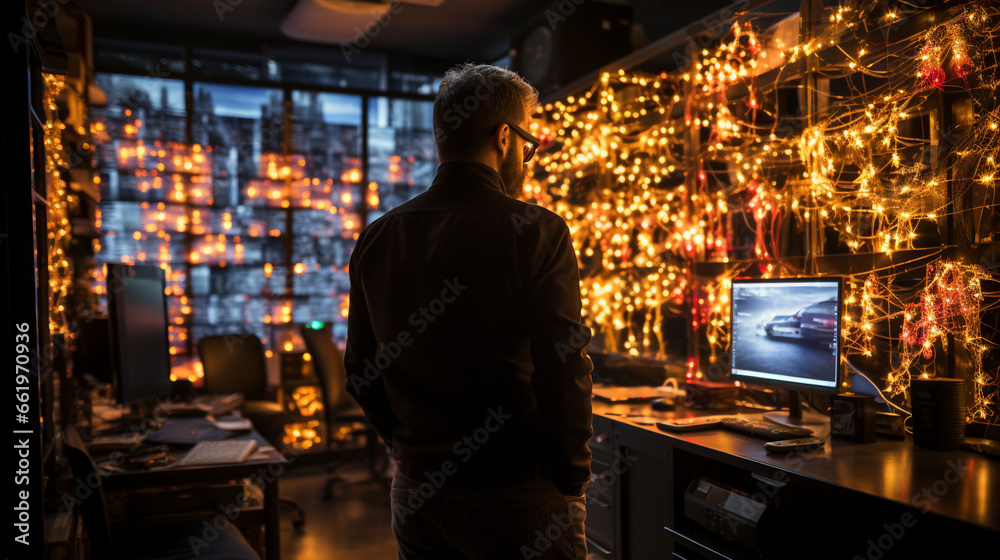 Cybersecurity Vigilance: A security expert reviewing screens filled with security alerts, showcasing the intensity of IT security operations.