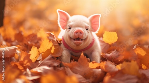 Portrait of happy pig rejoices in autumn.