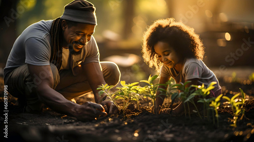 father and daughter planting seedlings in their garden, ecological lifestyle photo