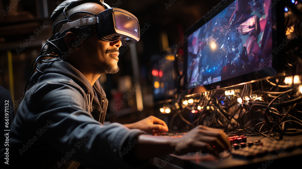 Virtual Reality Innovation: A developer testing a VR headset with a digital world coming to life around them. Virtual Reality Innovation: A developer testing a VR headset with a digital world coming to life around them.