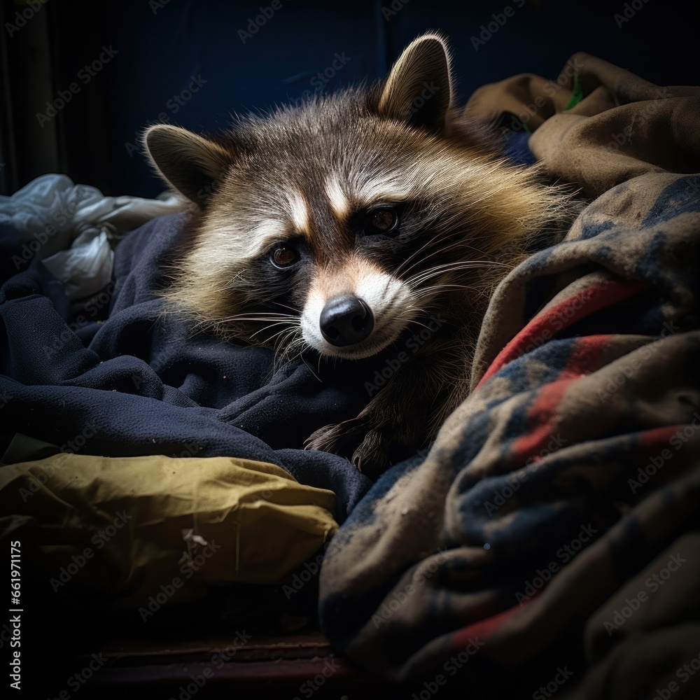 Obraz premium Sad homeless raccoon dreaming about home.