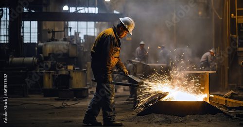 A dedicated steel worker in protective gear handles molten metal in a bustling industrial foundry, capturing the essence of craftsmanship, labor, and manufacturing. photo