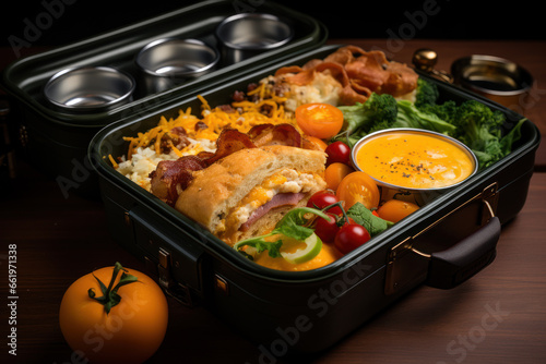 Open lunchbox closeup with food, homemade healthy food for lunch at school, work or picnic