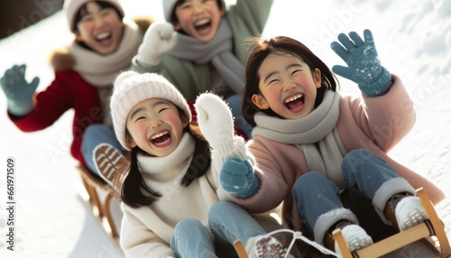 Close-up photo of joyful children of diverse descent, experiencing the thrill of a sleigh ride downhill.