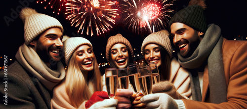 Photo capturing a close-up moment of a group of friends, wrapped up warmly, sharing a joyful moment as fireworks explode in the background.