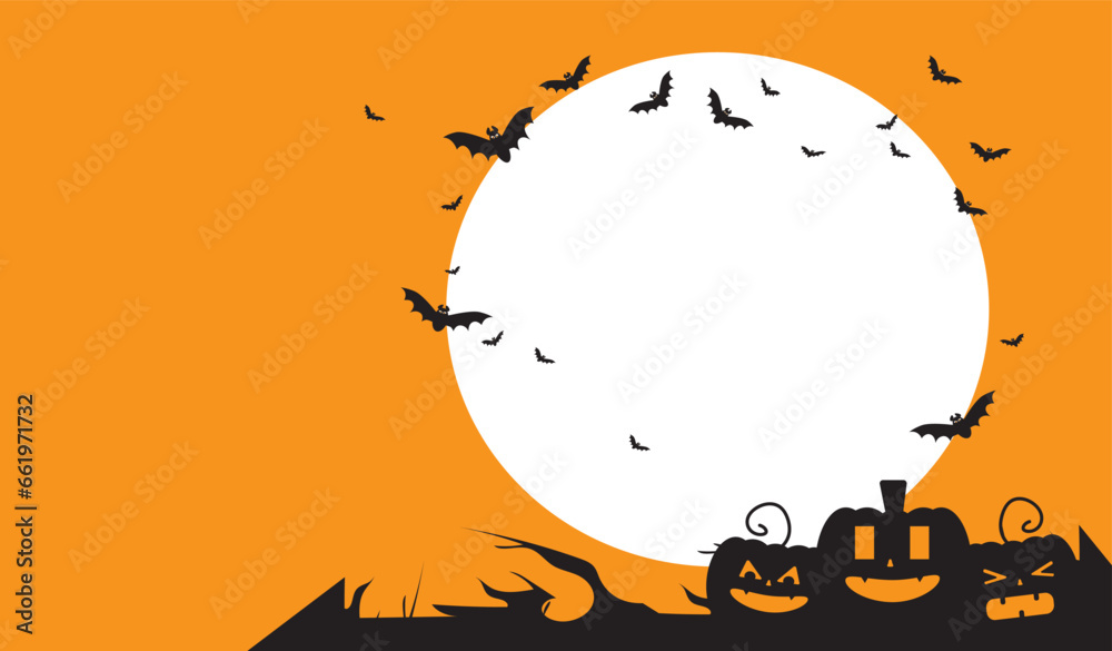 Happy Halloween banner, party invitation background with moonlight, bats and pumpkins. Orange background vector illustration.