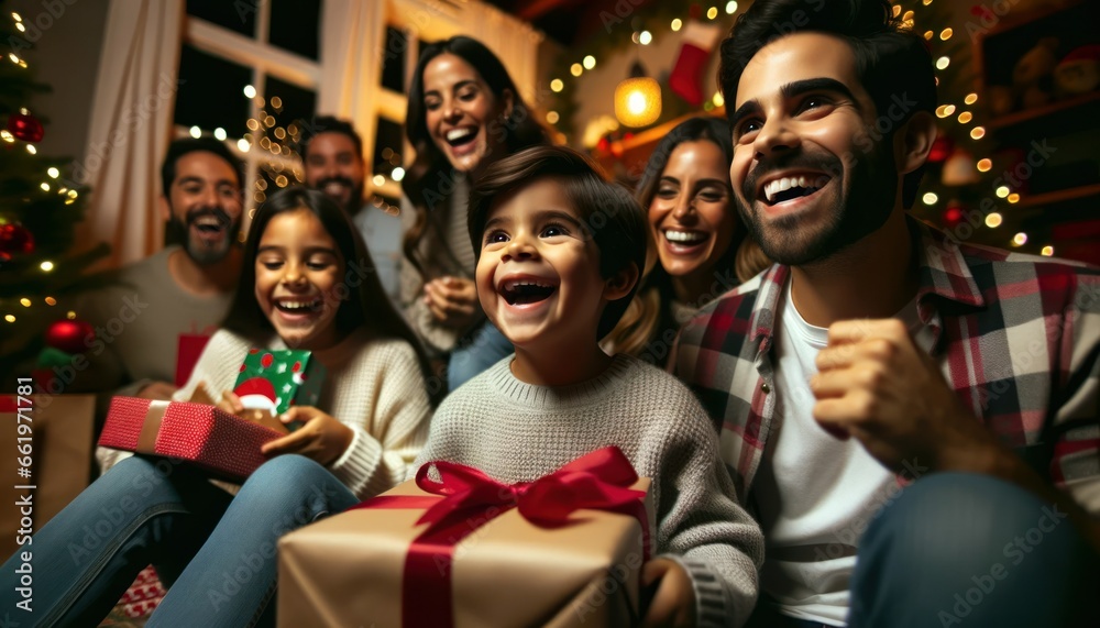 Obraz premium Close-up photo of a family of Hispanic descent, gathered in a living room, immersed in the excitement of opening their Christmas gifts.