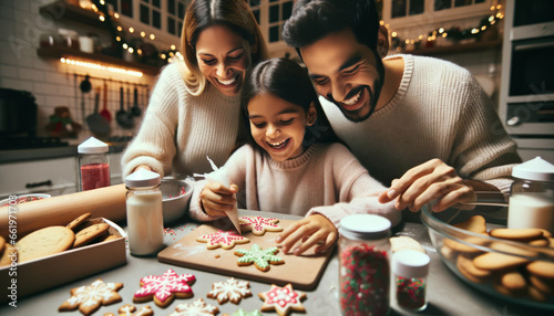 Close-up photo of a family of Hispanic descent, deeply engrossed in their holiday baking session.
