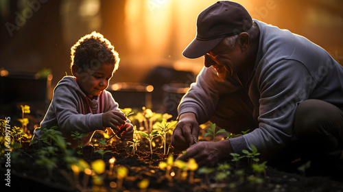 indigenous grandfather growing organic food with his granddaughter, teaching her how to sow and cultivate, garden life, connection with nature, lifestyle in Latin America © Juan Gumin