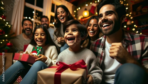 Close-up photo of a family of Hispanic descent, gathered in a living room, immersed in the excitement of opening their Christmas gifts.