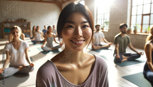 Photo capturing a close-up moment of a yoga instructor of Asian descent, her face glowing with optimism, in a brightly lit studio.