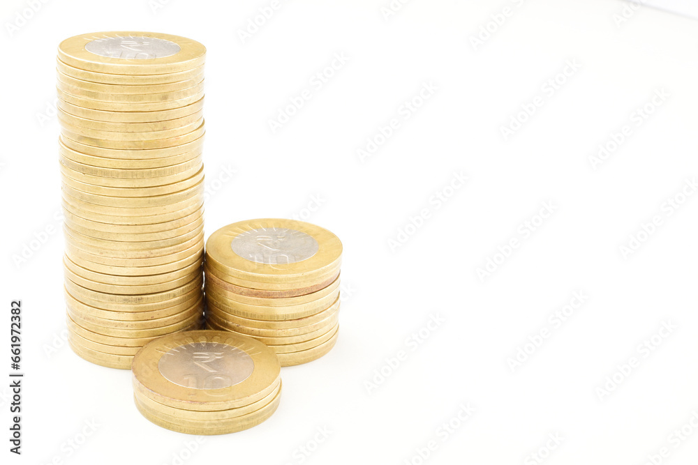 Ten rupee coin indian currency on white background