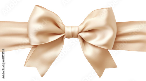 Beautiful shiny silk beige bow isolated on transparent background, decorative design png element, clip art festive object.