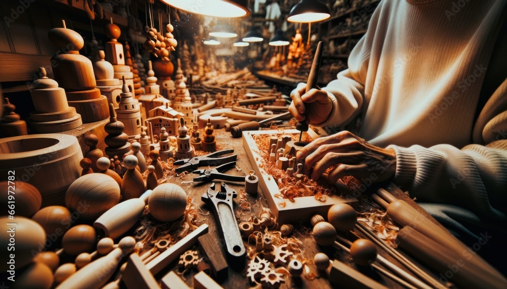 Close-up photo of artisans in a traditional workshop, surrounded by wood shavings and tools - obrazy, fototapety, plakaty 