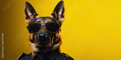 A German Shepherd, dressed as a security officer, stands confidently with sunglasses, offering wide banner space for text. photo