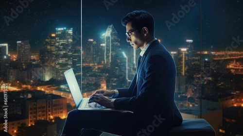 Asian businessman sitting and using a laptop over a city background at night is a Business success and technology concept.