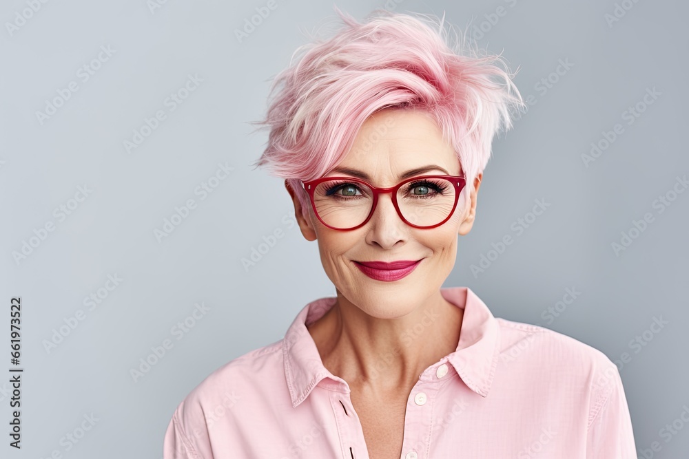 A confident and stylish mature woman with glasses, radiating positivity and elegance in her professional portrait.