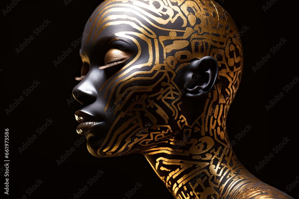A striking portrait of a female face adorned with artistic makeup and a mask, blending beauty and tradition. A striking portrait of a female face adorned with artistic makeup and a mask, blending beauty and tradition.