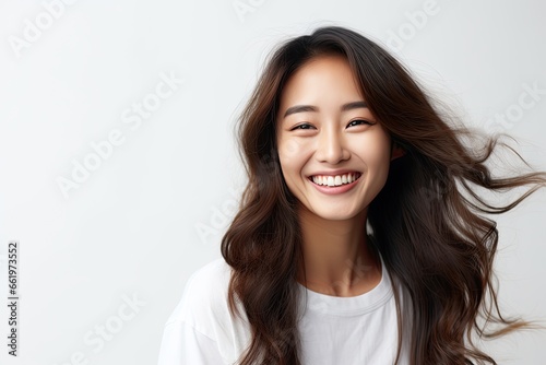 A cheerful and stylish young woman with a cute smile, exuding happiness and confidence in her portrait.