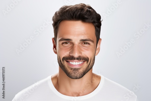 A cheerful and confident adult man with a bright smile, exuding happiness and positivity indoors.