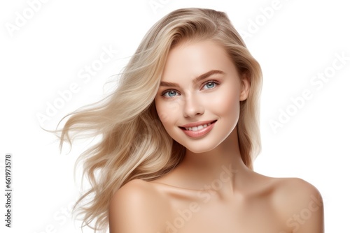 A portrait of a young woman with healthy, clear skin and a glamorous hairstyle, showcasing her natural beauty and a fresh, fashionable look.