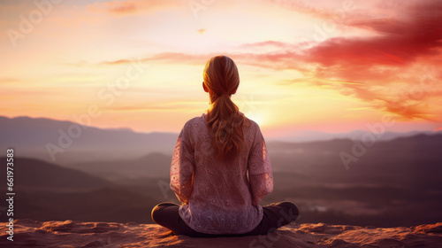 A woman meditates peacefully at sunset, with a blurred background, conveying relaxation and mental well-being.