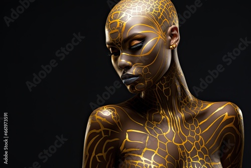 A captivating portrait of a young woman adorned with creative gold body art, showcasing a unique blend of beauty and fantasy.