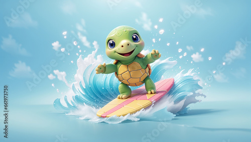 Turtles are surfing on the beach waves