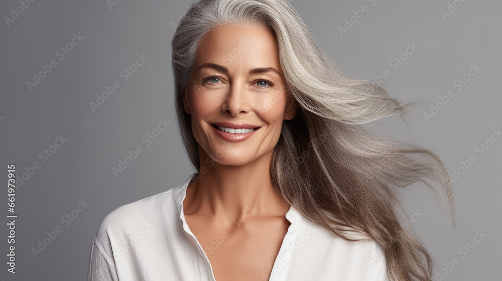 Portrait of a beautiful woman with smooth healthy face skin. Gorgeous aging mature confident woman with long gray hair and happy smiling. Beauty and cosmetics skincare advertising concept.