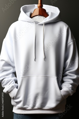 Blank white mens pullover hoodie mock up against a plain background.