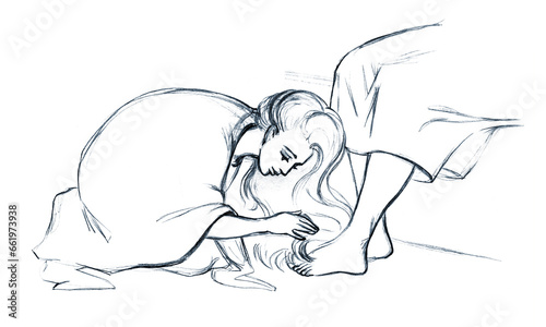 A woman washes the feet of Christ. Pencil drawing