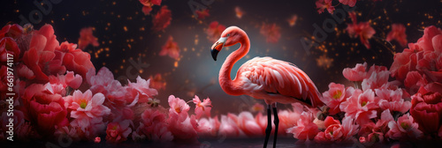 Pink flamingo on the background of the wall with exotic beautiful flowers, bright tropical banner